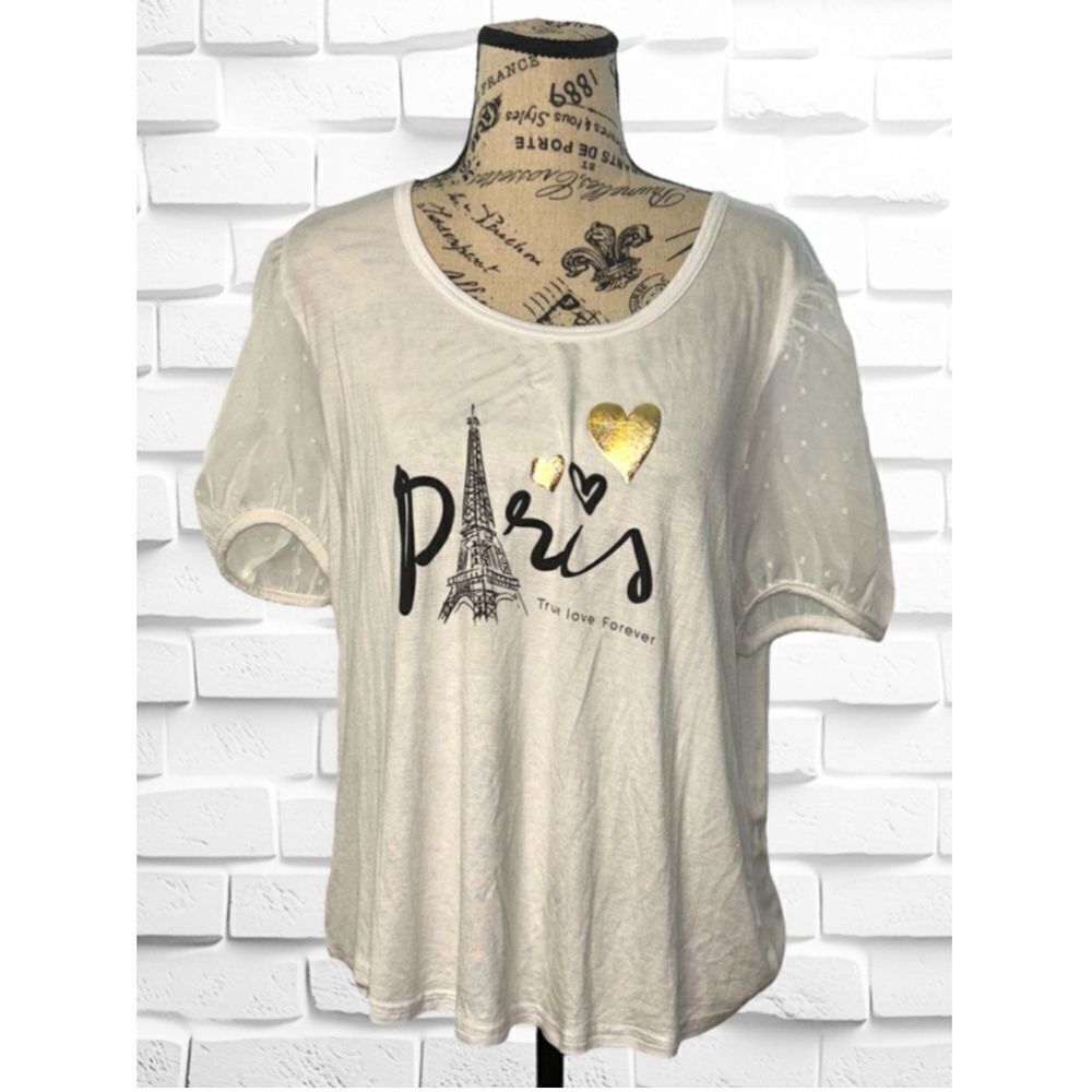 Sugar & Rose Women’s Size XL Puffy Sleeve Paris “True Love Forever” Graphic Top